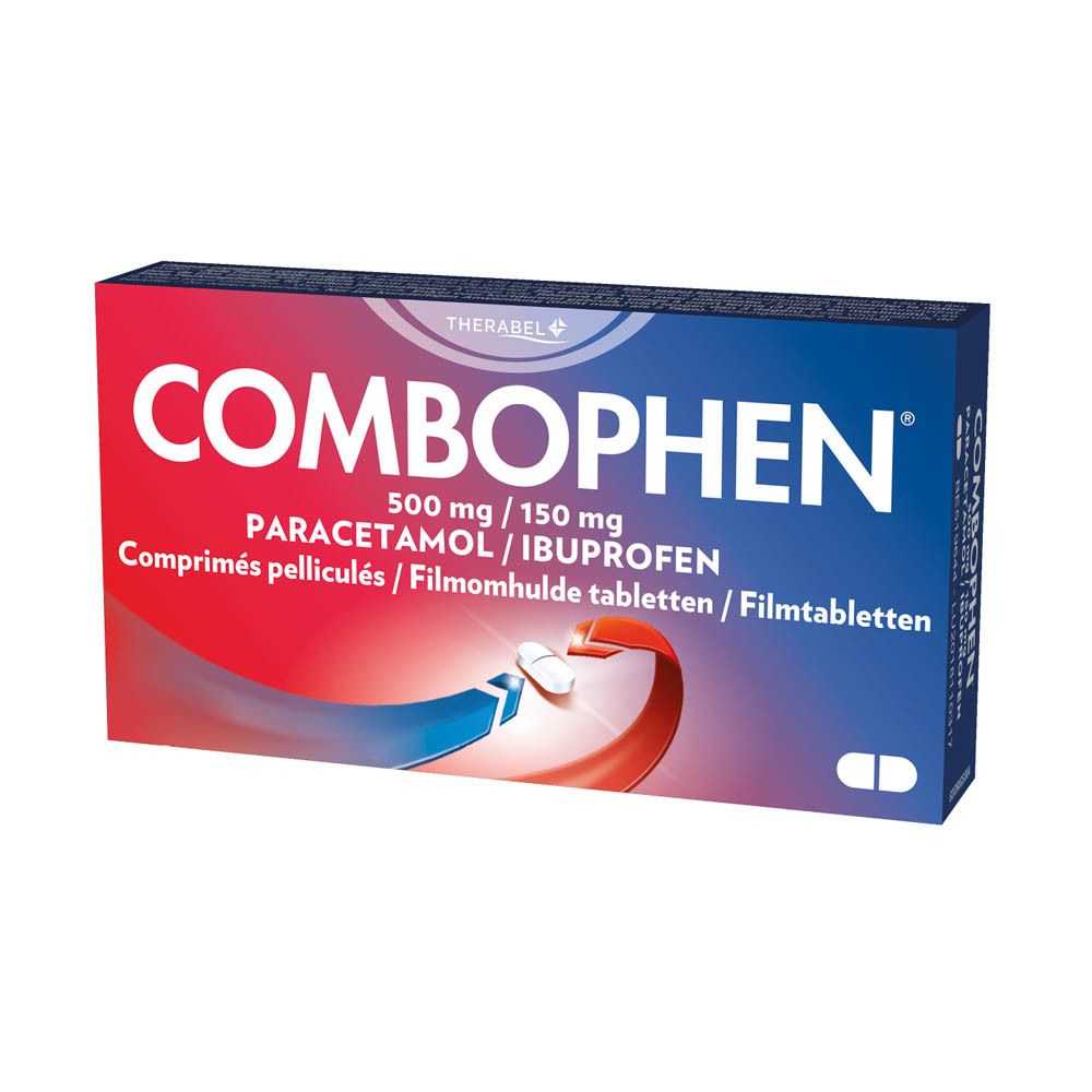 Blauw-rode doos Combophen. Bevat paracetamol/ibuprofen. 32 filmomhulde tabletten.
