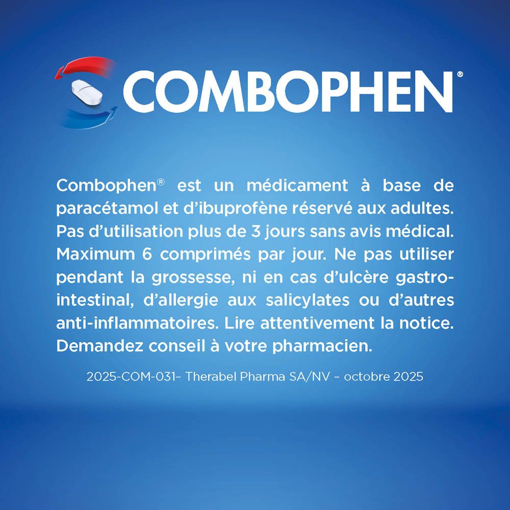 Boîte Combophen. Contient paracétamol/ibuprofène. 32 comprimés pelliculés.