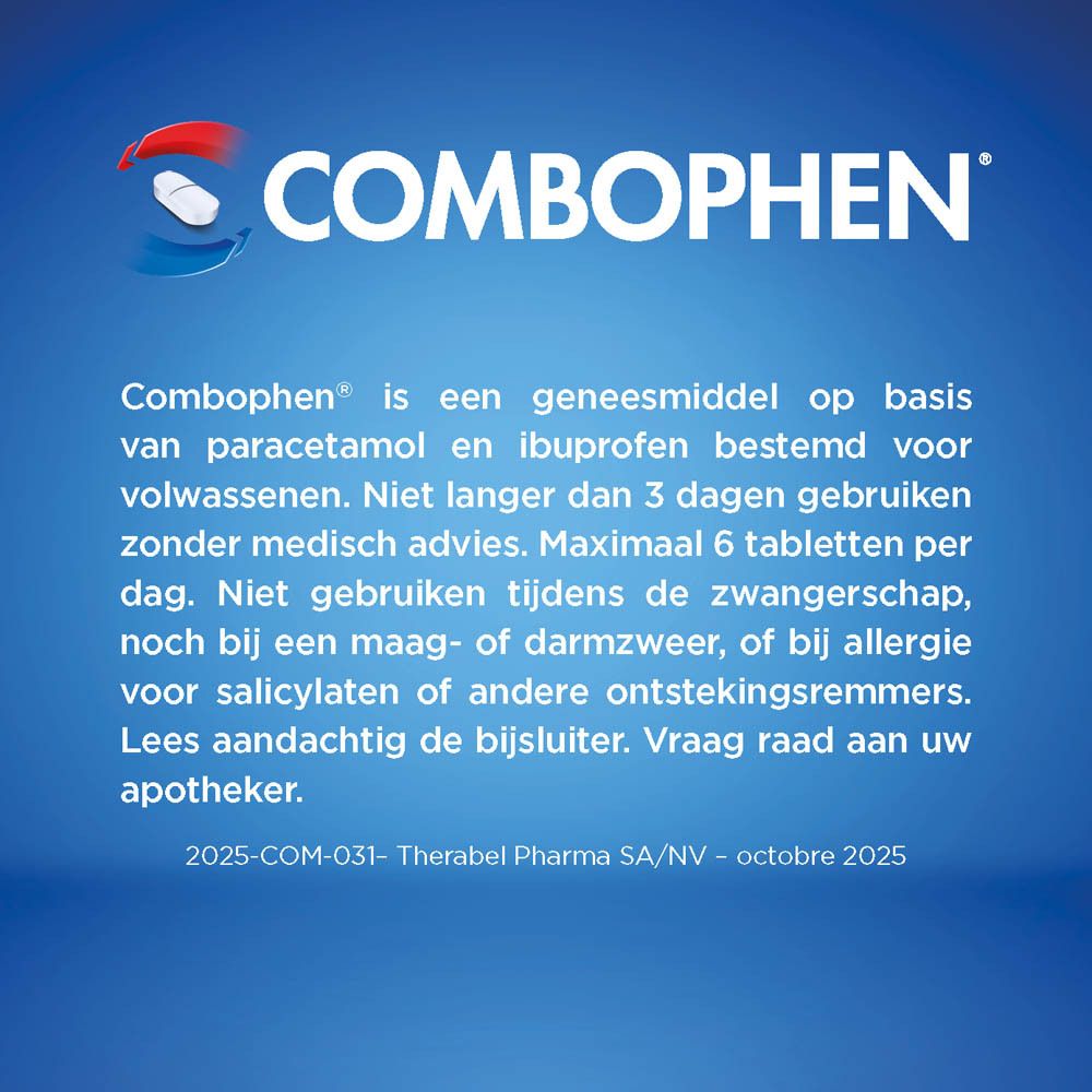 Blauw-rode doos Combophen. Bevat paracetamol/ibuprofen. 32 filmomhulde tabletten.