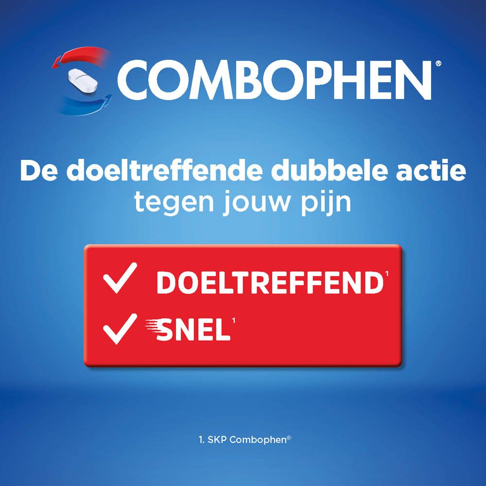 Reclamebeeld voor Combophen. Tekst op blauwe achtergrond. Toont de dubbele effectieve werking.