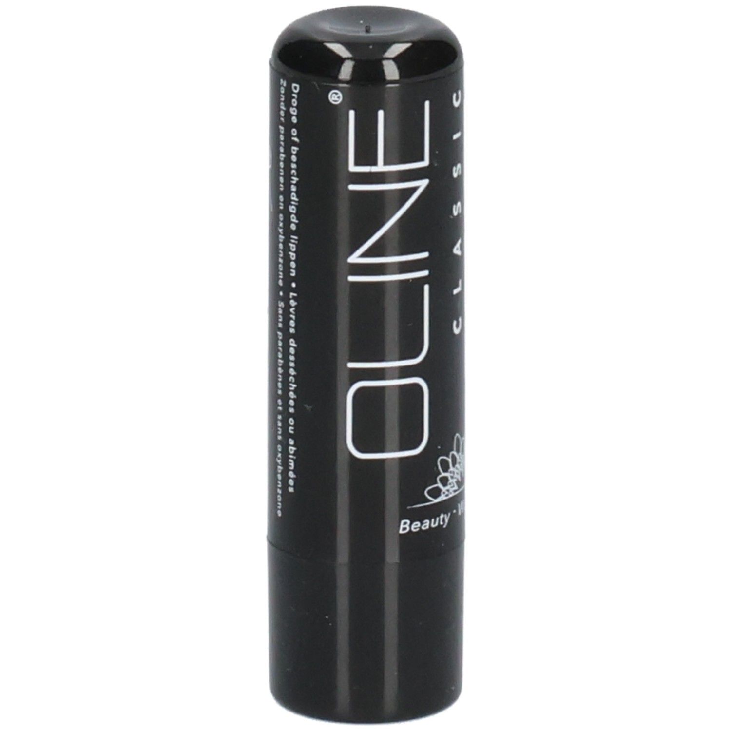 Zwarte lippenbalsem. Oline Classic tekst. Tekst: Zonder parabenen, voor beschadigde lippen. Bloemenlogo.