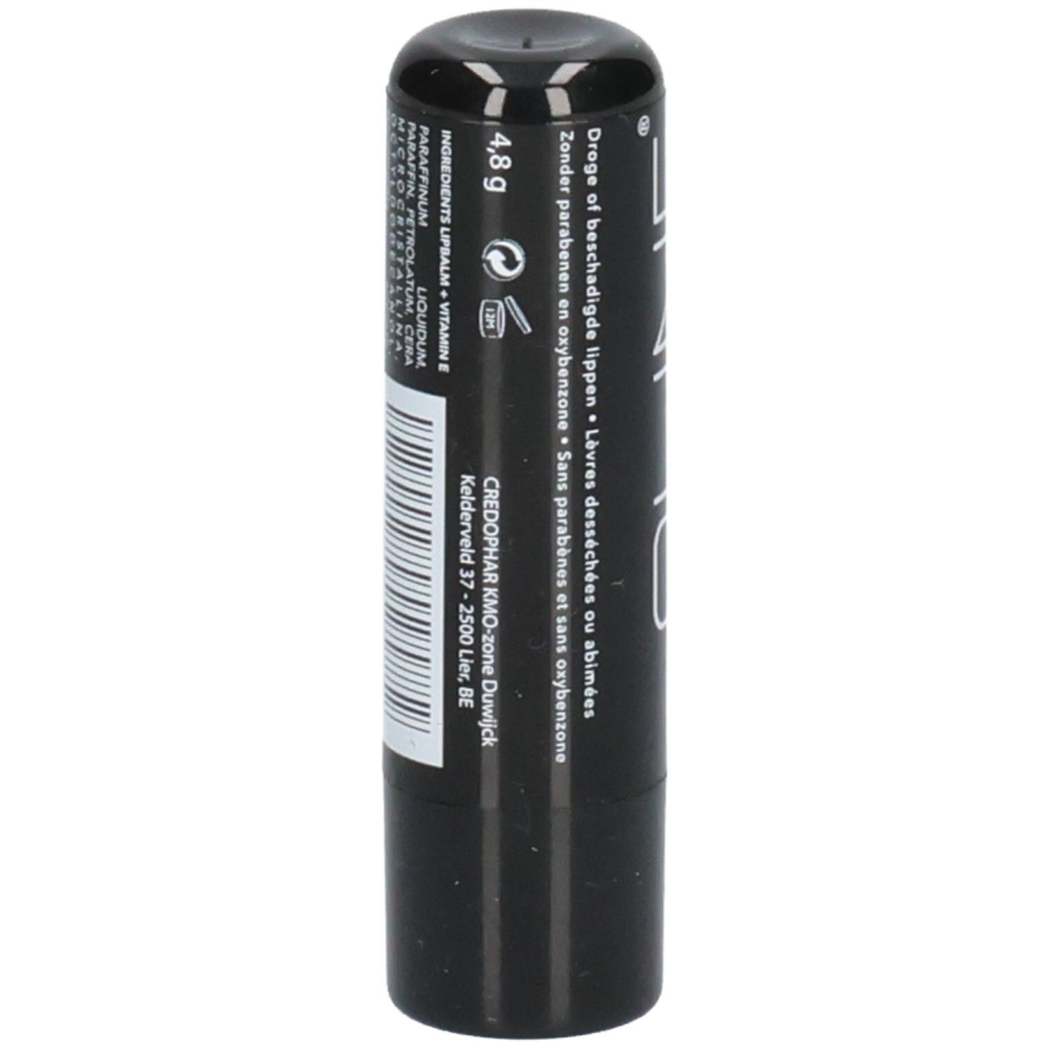 Zwarte lippenbalsem. Tekst: 4,8 g. Ingrediënten. Tekst: Zonder parabenen, voor beschadigde lippen. Barcode.