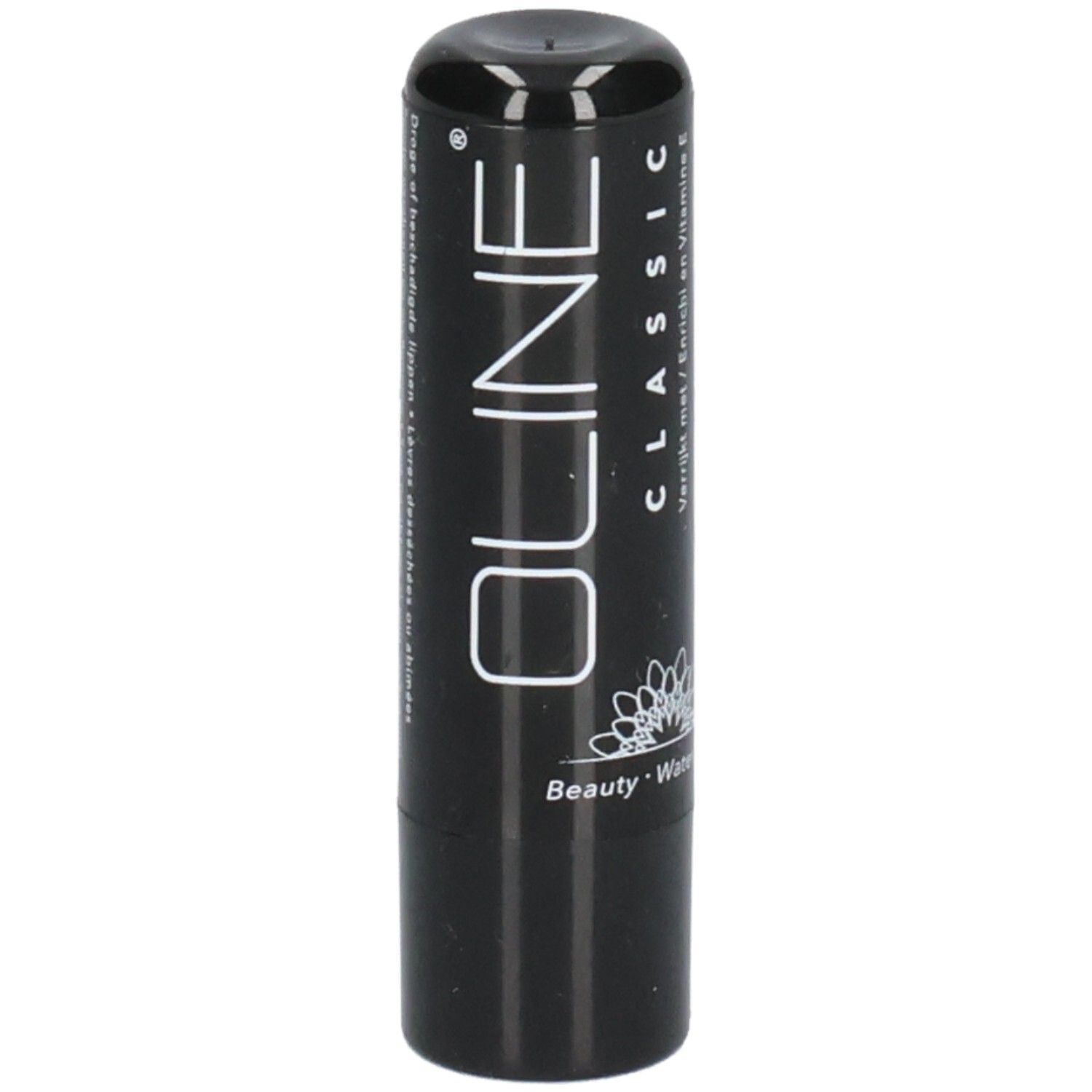 Zwarte lippenbalsem. Oline Classic tekst. Tekst: Verrijkt met vitamine E. Bloemenlogo.