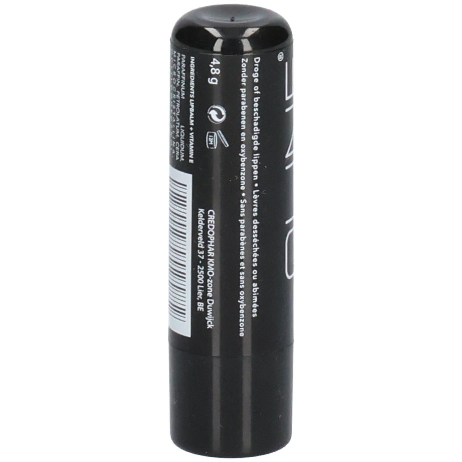 Zwarte lippenbalsem. Tekst: 4,8 g. Ingrediënten. Tekst: Zonder parabenen, voor beschadigde lippen. Barcode.