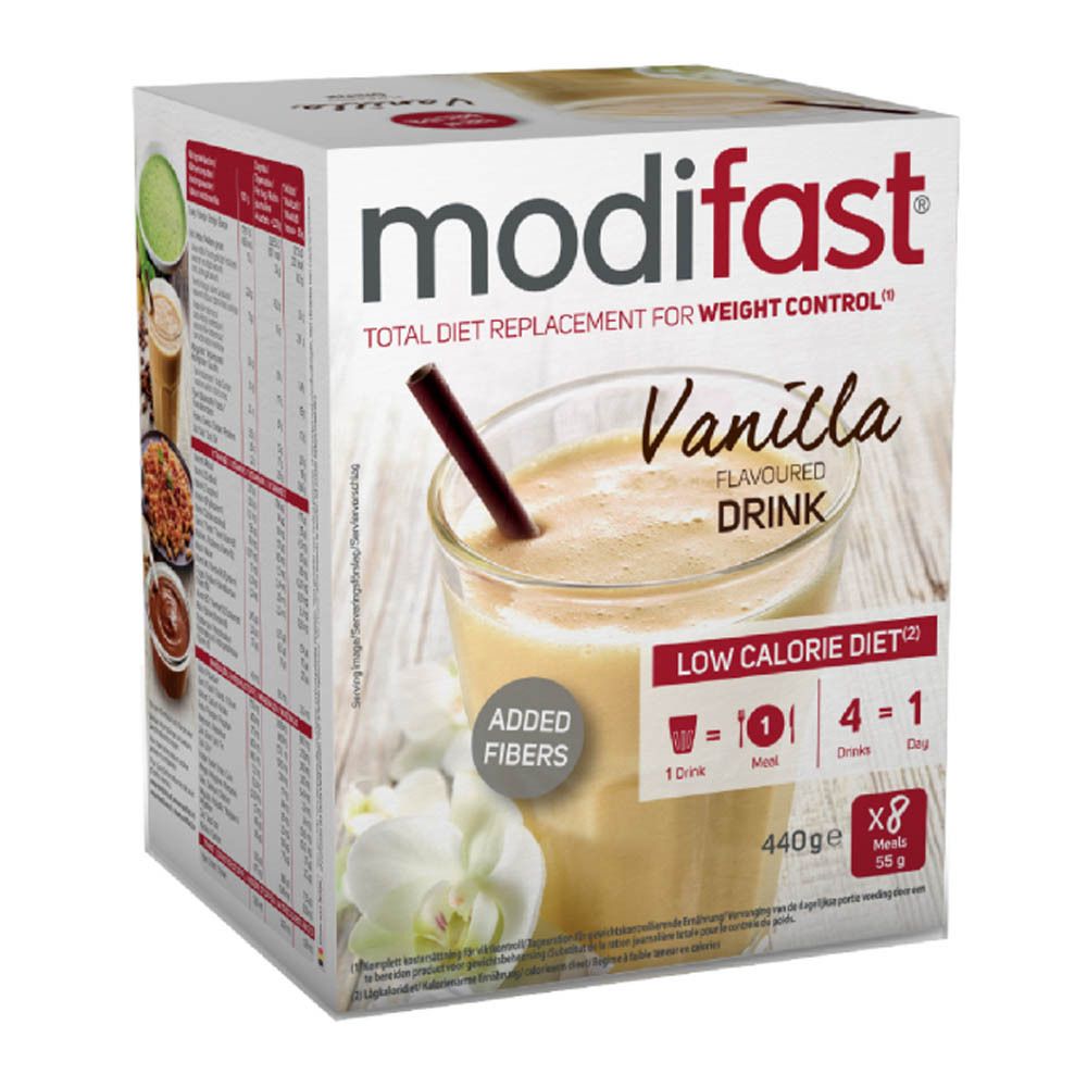 Modifast Vanille drankdoos. Voorkant met productafbeelding. Bevat informatie over Low Calorie Diet en Added Fibers.