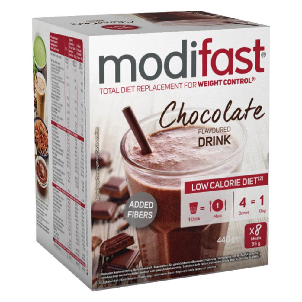 Verpakking van modifast® Milkshake Chocolat. Opschrift: Chocolade, Low Calorie Diet, 8 maaltijden.