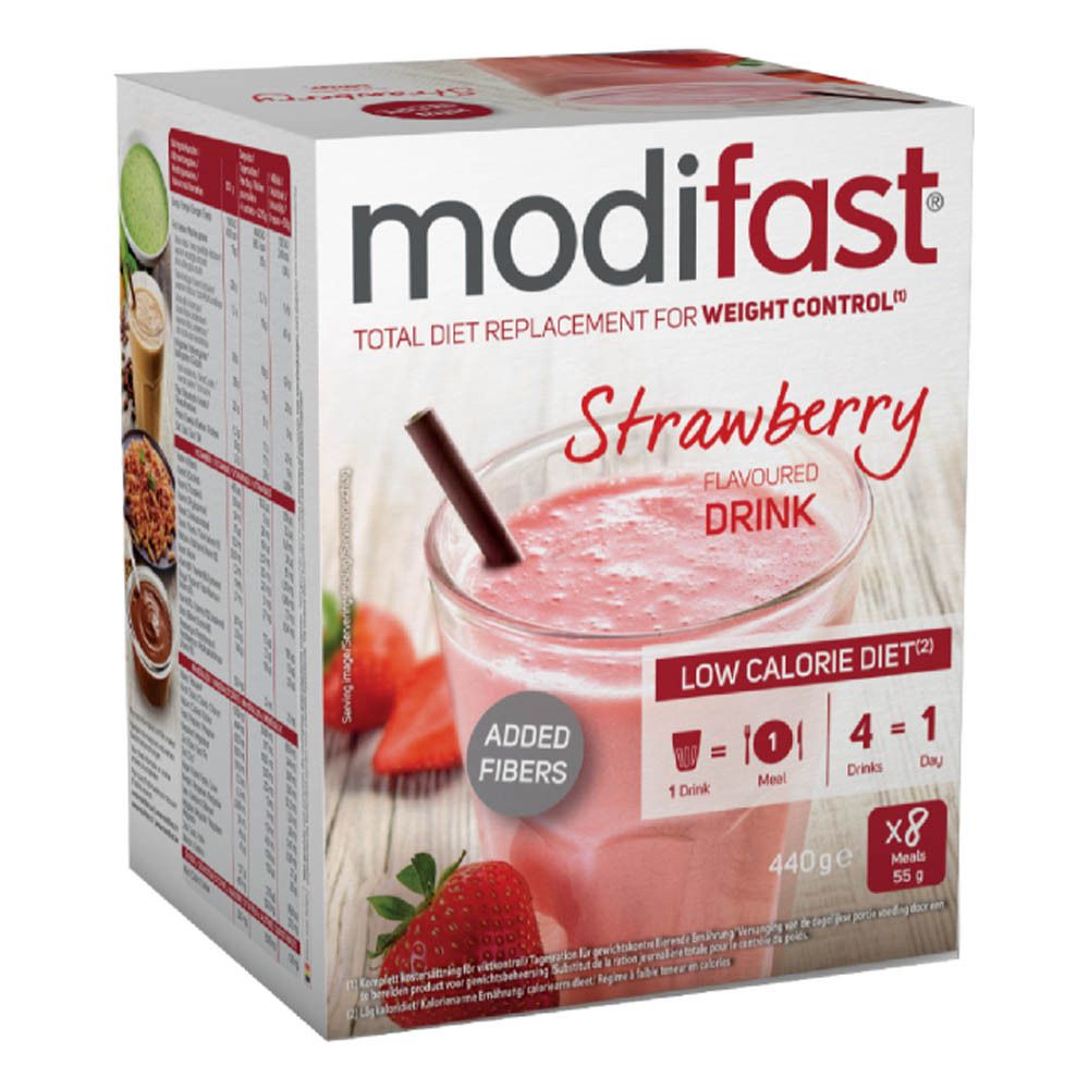 Modifast-verpakking. Aardbeiendrank. Voedingswaarde en ingrediënten. Gewichtsbeheersing. Met aardbei.