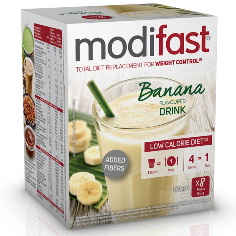 Voorkant van de modifast® verpakking. Afgebeeld: Milkshake Banaan, Low Calorie Diet, 8 maaltijden.