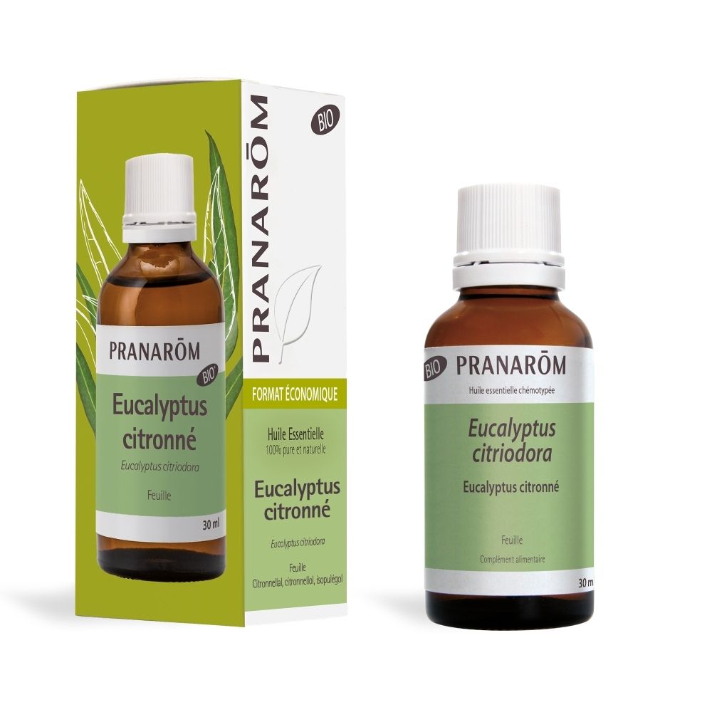 Flacon en verre brun avec bouchon blanc. Inscription : Pranarom, Eucalyptus citriodora. 30 ml.