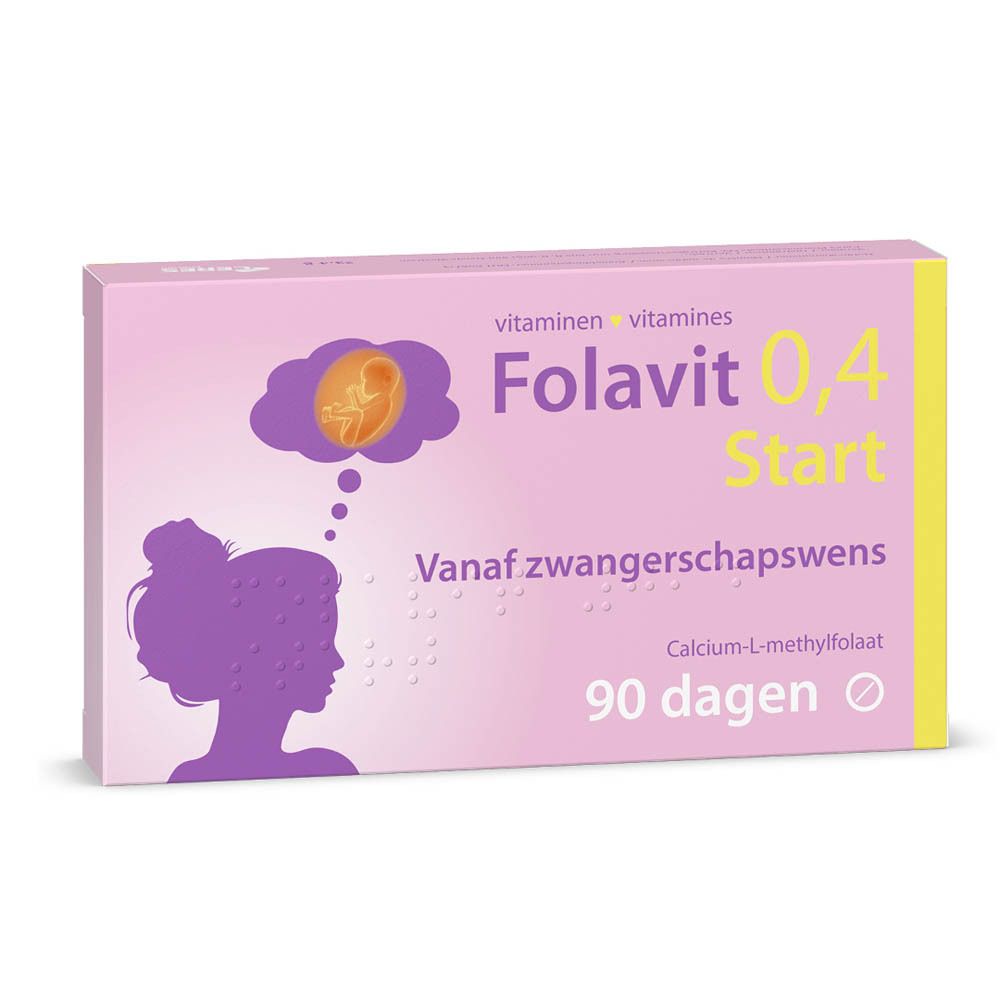 Roze doos Folavit 0,4 Start. Vrouwen silhouet en foetus symbool. 90 dagen.