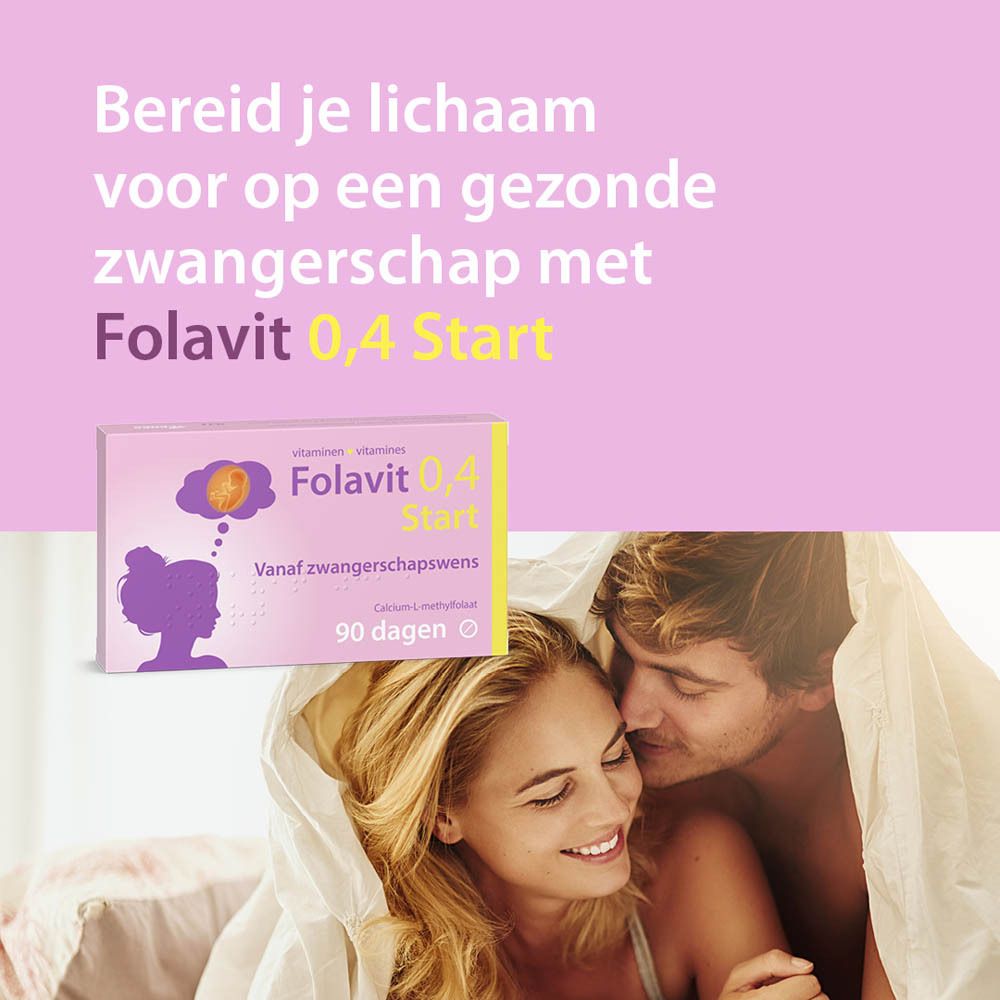 Koppel onder deken. Doos Folavit 0,4 Start. Tekst: Bereid je lichaam.