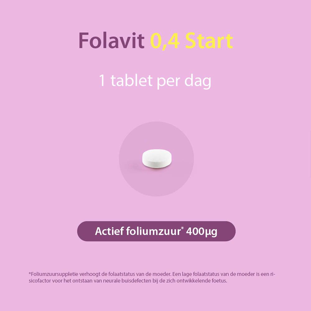 Tablet op roze achtergrond. Tekst: Folavit 0,4 Start. Actief foliumzuur 400µg.