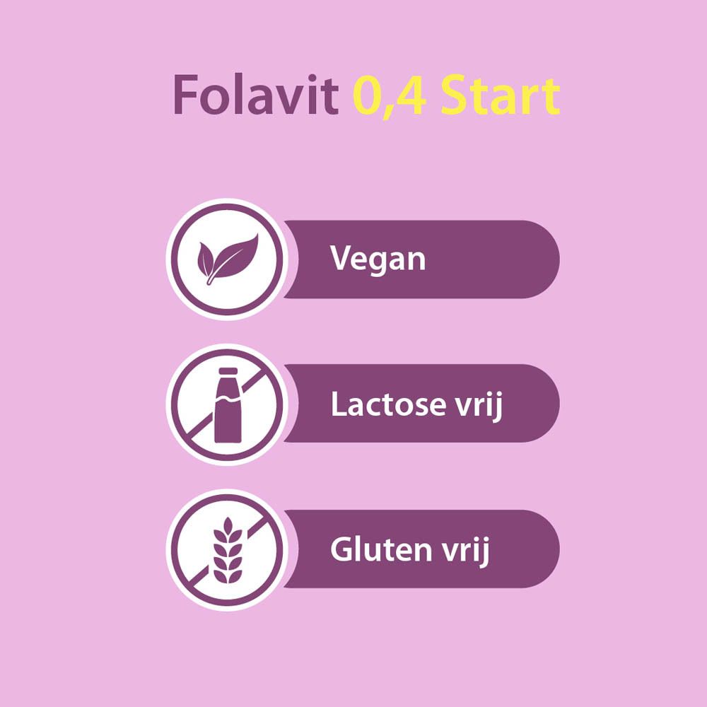 Symbolen: Vegan, lactosevrij, glutenvrij. Tekst: Folavit 0,4 Start.