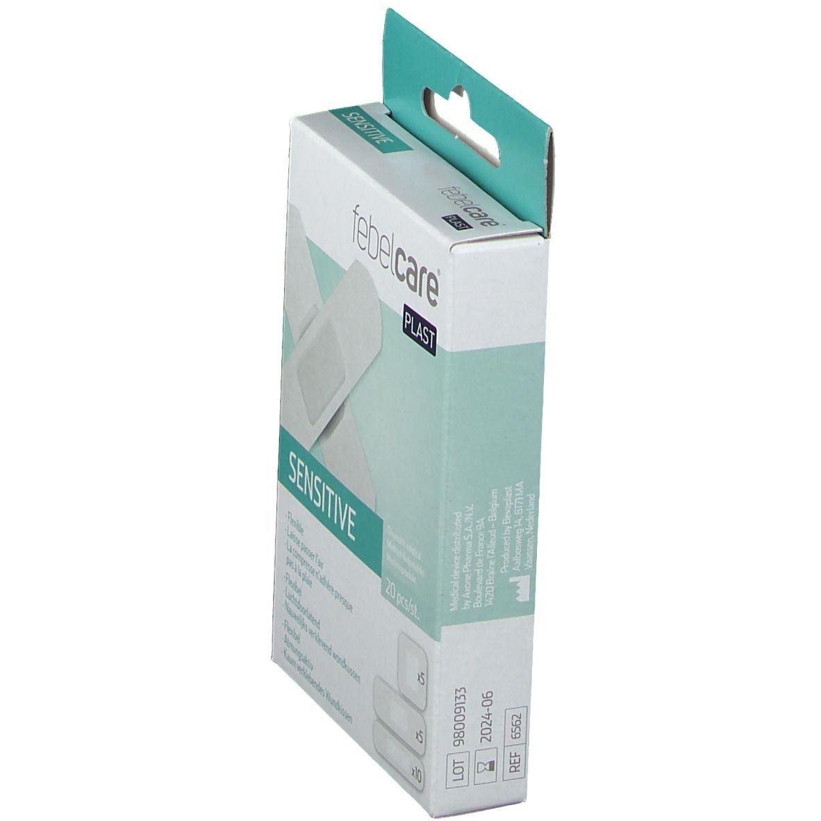 Vue latérale de la boîte de pansements. Marque Febelcare, inscription SENSITIVE.