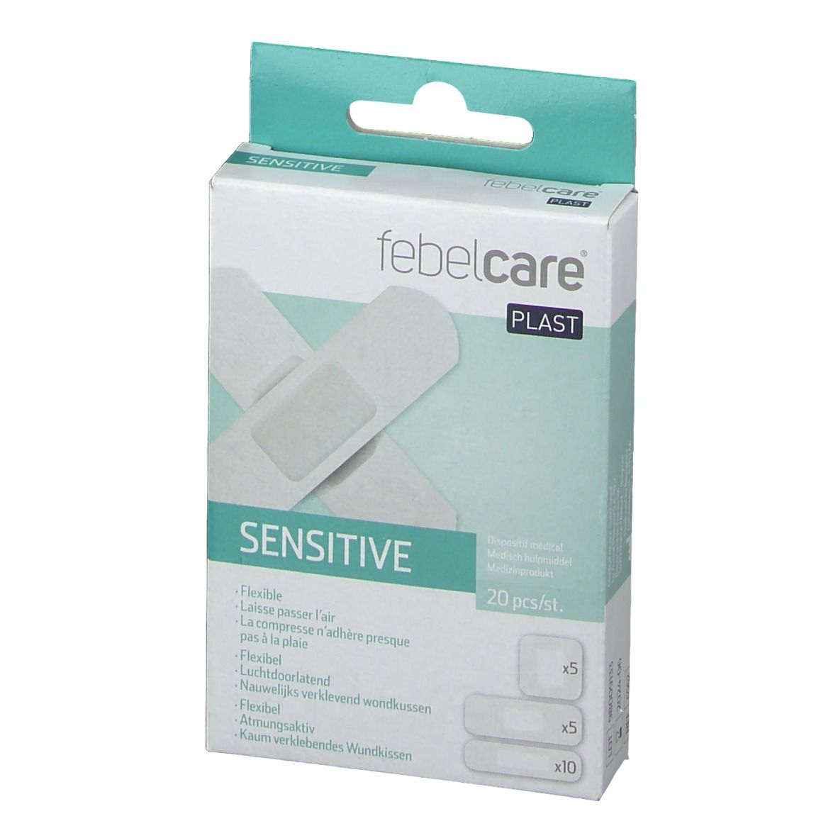 Boîte de pansements Febelcare SENSITIVE. Montre les pansements et le contenu de l'emballage.