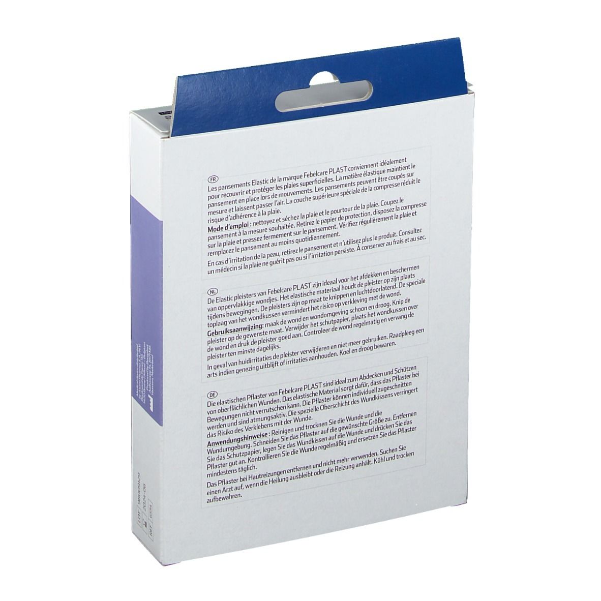 Dos de la boîte avec texte. Marque Febelcare. Informations sur les pansements élastiques. Texte en plusieurs langues.