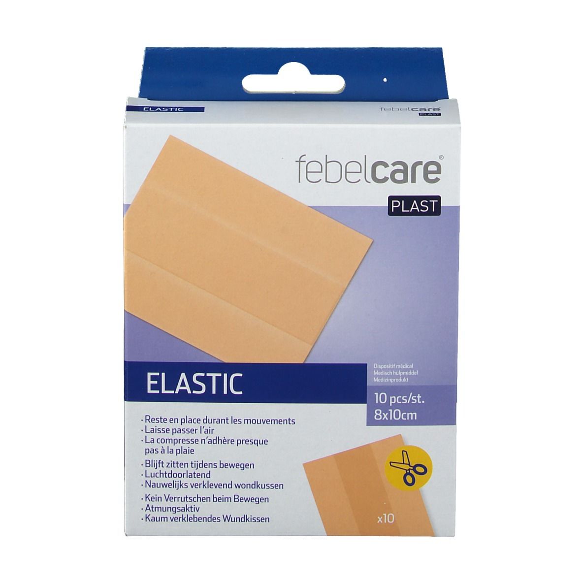 Boîte de pansements élastiques Febelcare. 10 pièces, 8x10cm. Inscription: Elastic. Pansement beige sur l'emballage.