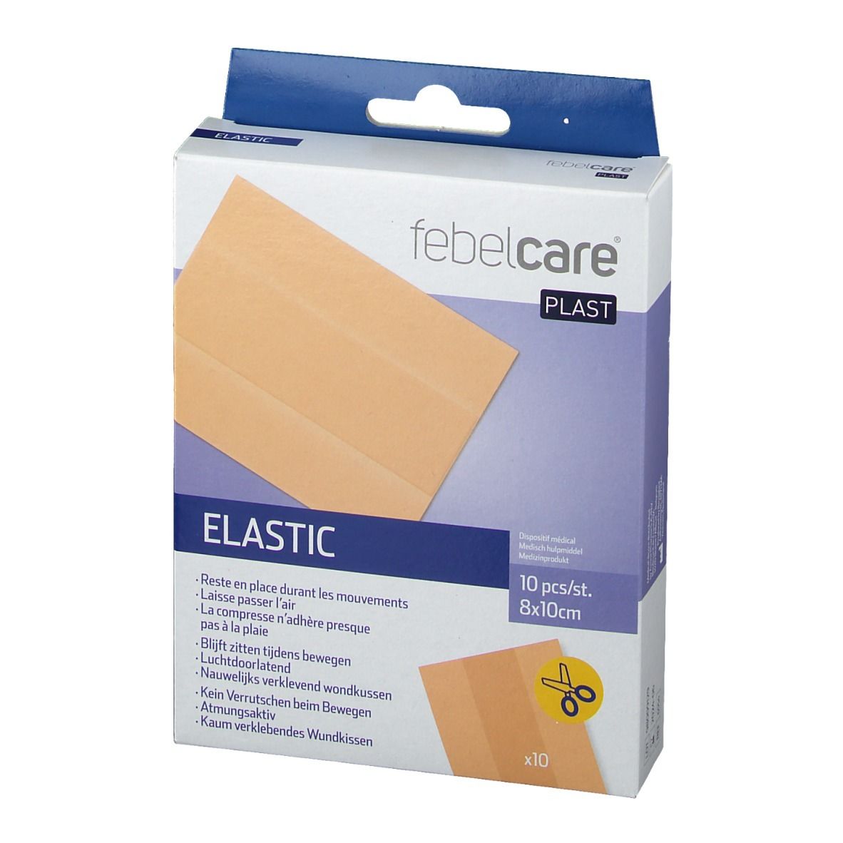 Boîte de pansements élastiques Febelcare. 10 pièces, 8x10cm. Inscription: Elastic. Pansement beige sur l'emballage.