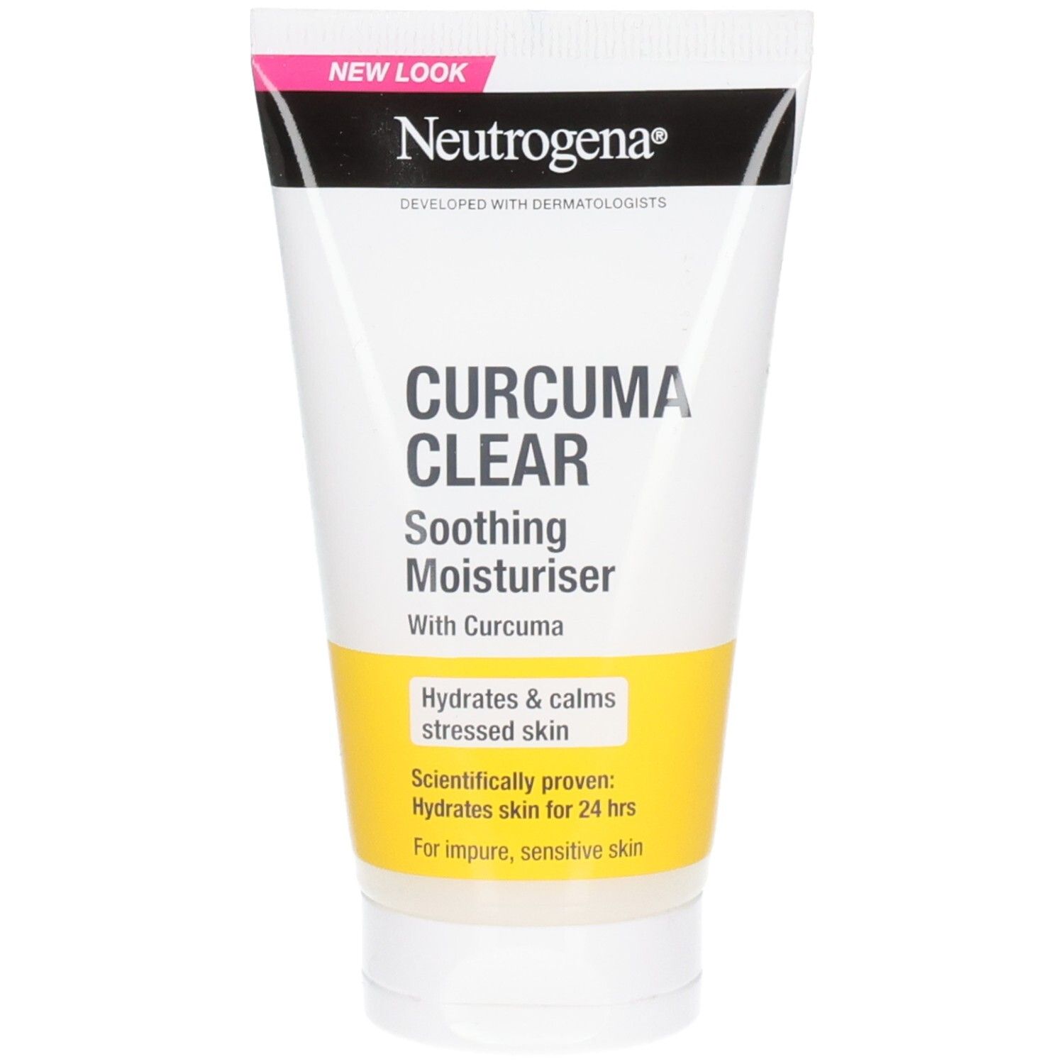Witte tube met gele streep. Opschrift: Curcuma Clear, Soothing Moisturiser. Merk: Neutrogena. Tekst: Hydrates & calms stressed skin.