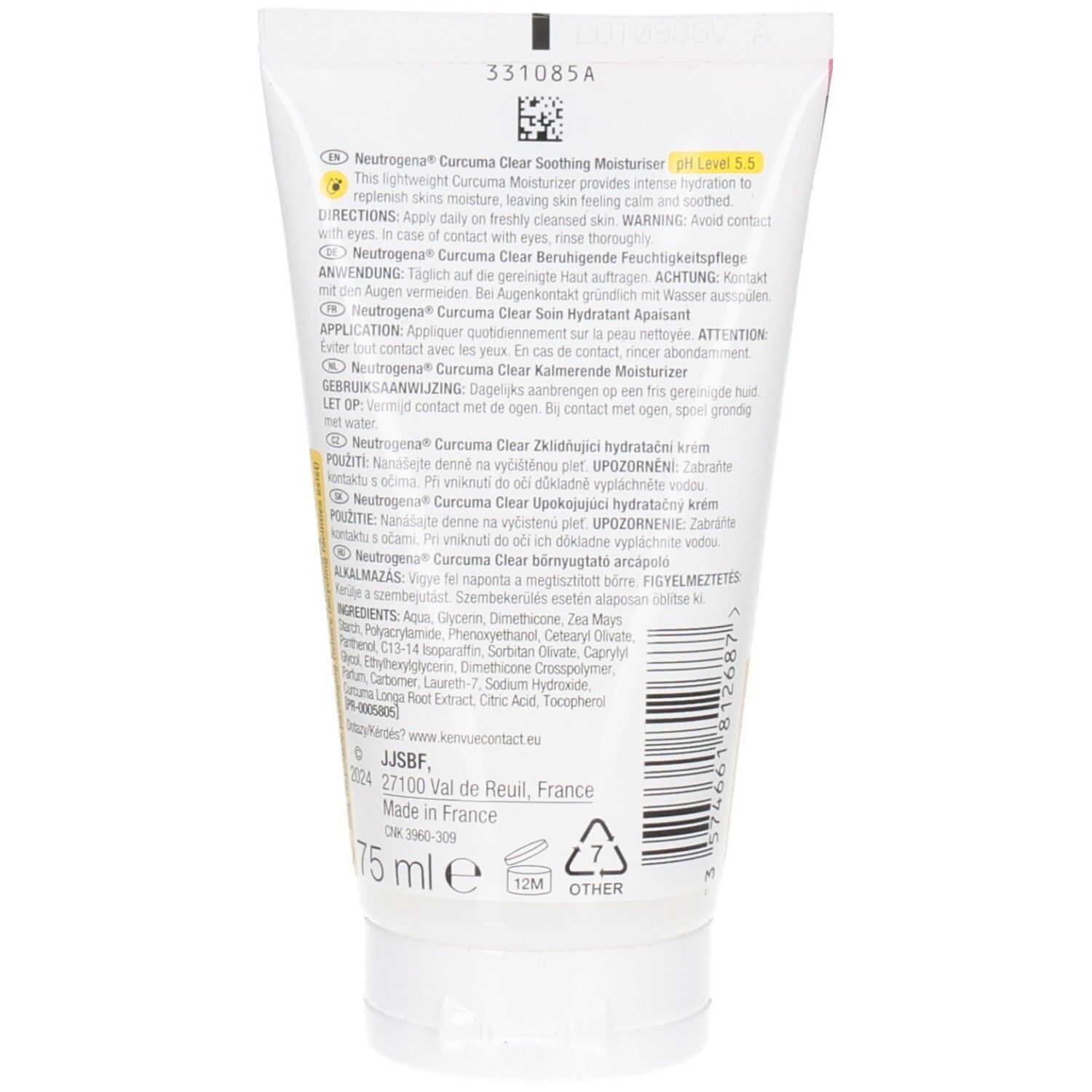 Achterkant van de tube. Tekst en informatie in meerdere talen. Volume: 75 ml. Merk: Neutrogena. Recycling symbool.