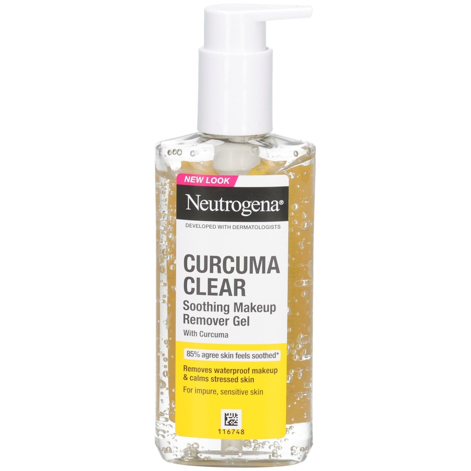 Neutrogena Curcuma Clear gel. Transparante vloeistof in rechthoekige fles met witte pomp. Gele etiketten met tekst.