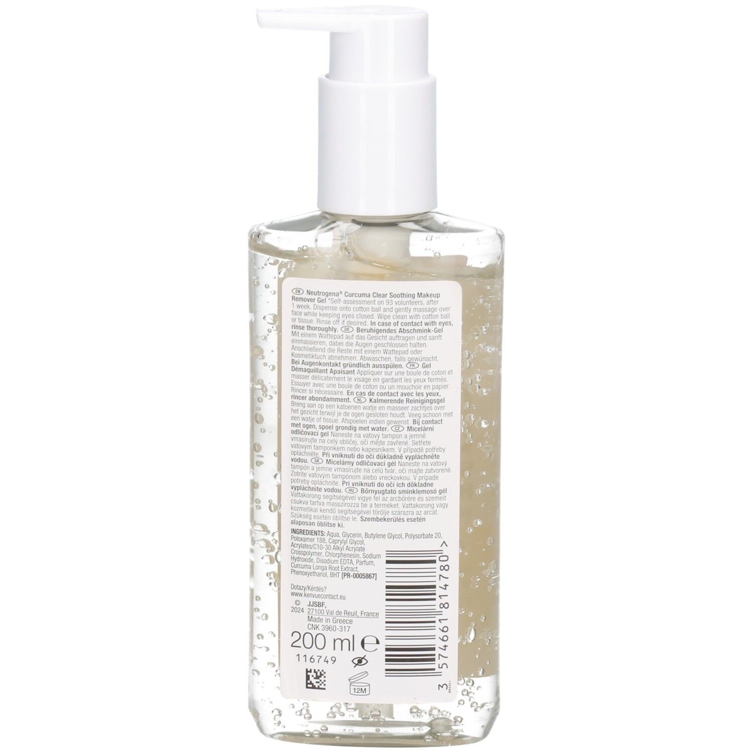 Achterkant van de Neutrogena Curcuma Clear gel fles. Transparante vloeistof. Wit etiket met tekst en barcode.