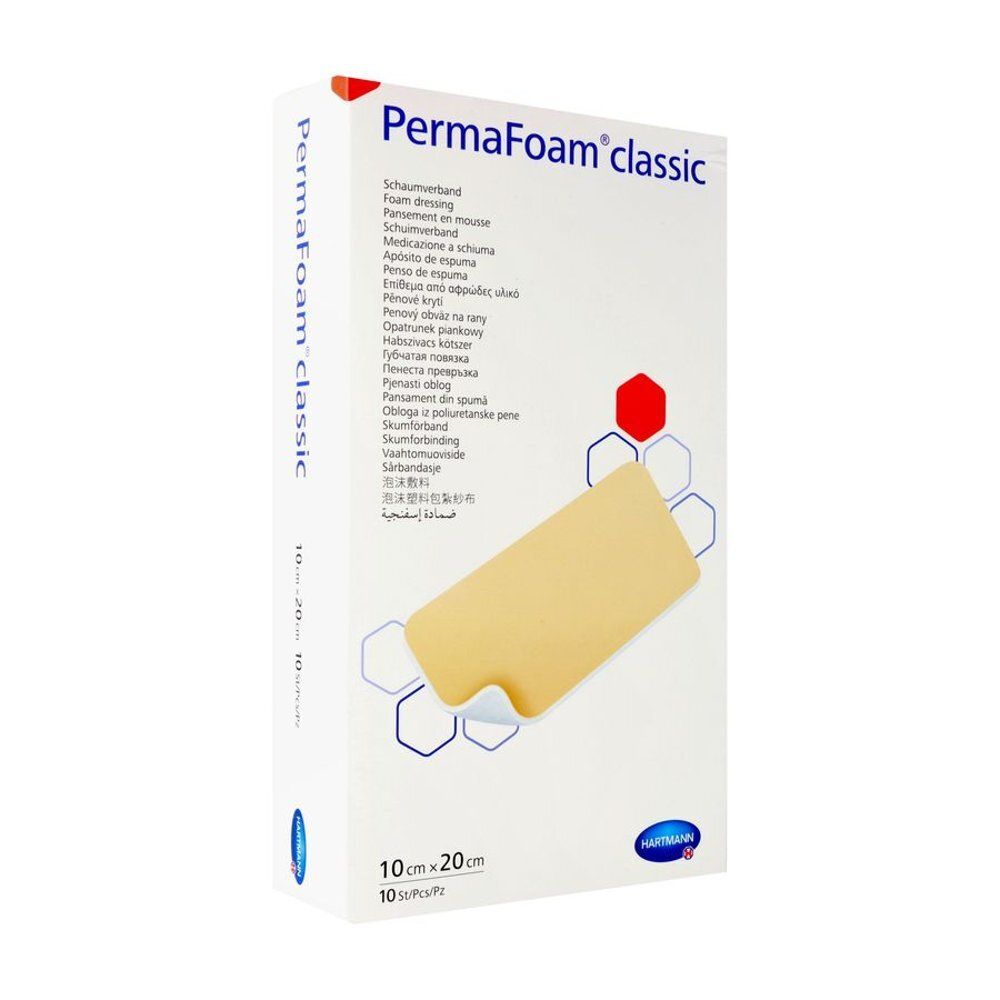 Verpakking met productafbeelding. Opschrift PermaFoam classic. 10x20cm, 10 stuks. Blauwe en rode accenten.