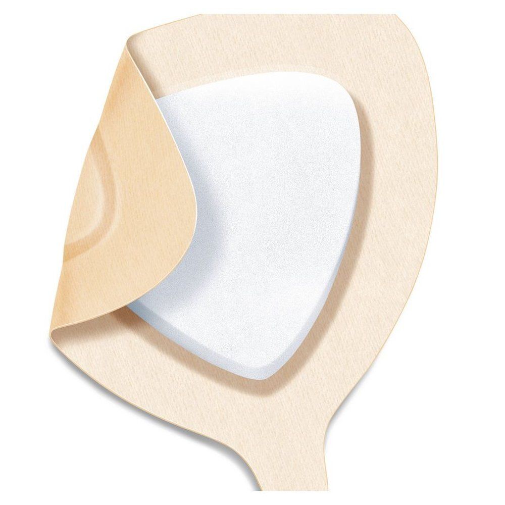 Wondverband met witte schuimkern, gedeeltelijk losgemaakt. Beige kleeflaag, druppelvormig.