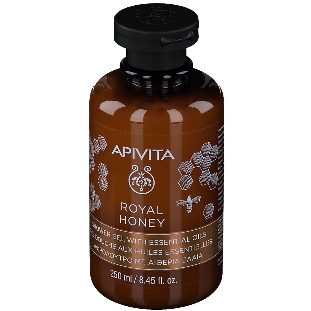 Bruine fles APIVITA Royal Honey douchegel, 250 ml.