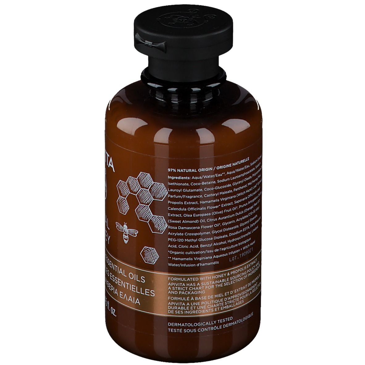 Bruine fles met zwarte dop, etiket met honingraat- en bijenmotief.
