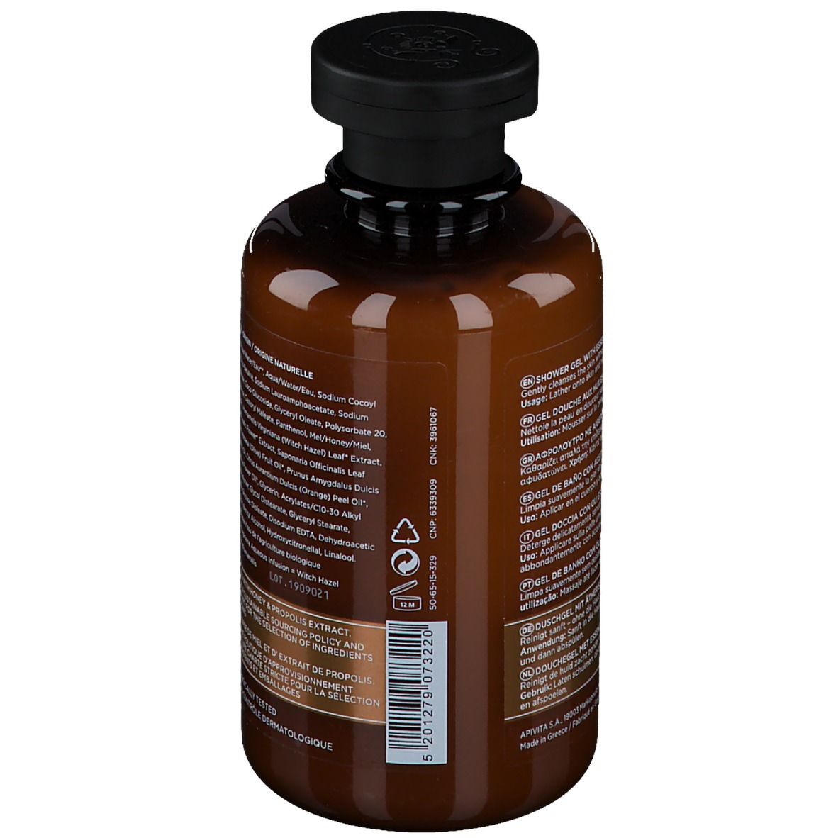 Bruine fles met zwarte schroefdop, etiket met productinformatie en barcode.