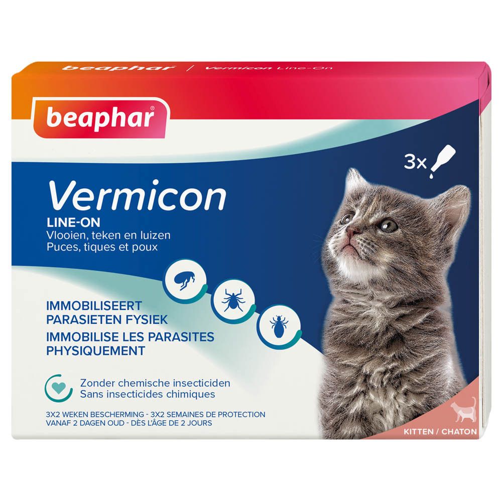 Verpakking Beaphar Vermicon Line-On voor kittens. 3 pipetten van 0,75 ml. Vanaf 2 dagen. Afbeelding van een kitten.