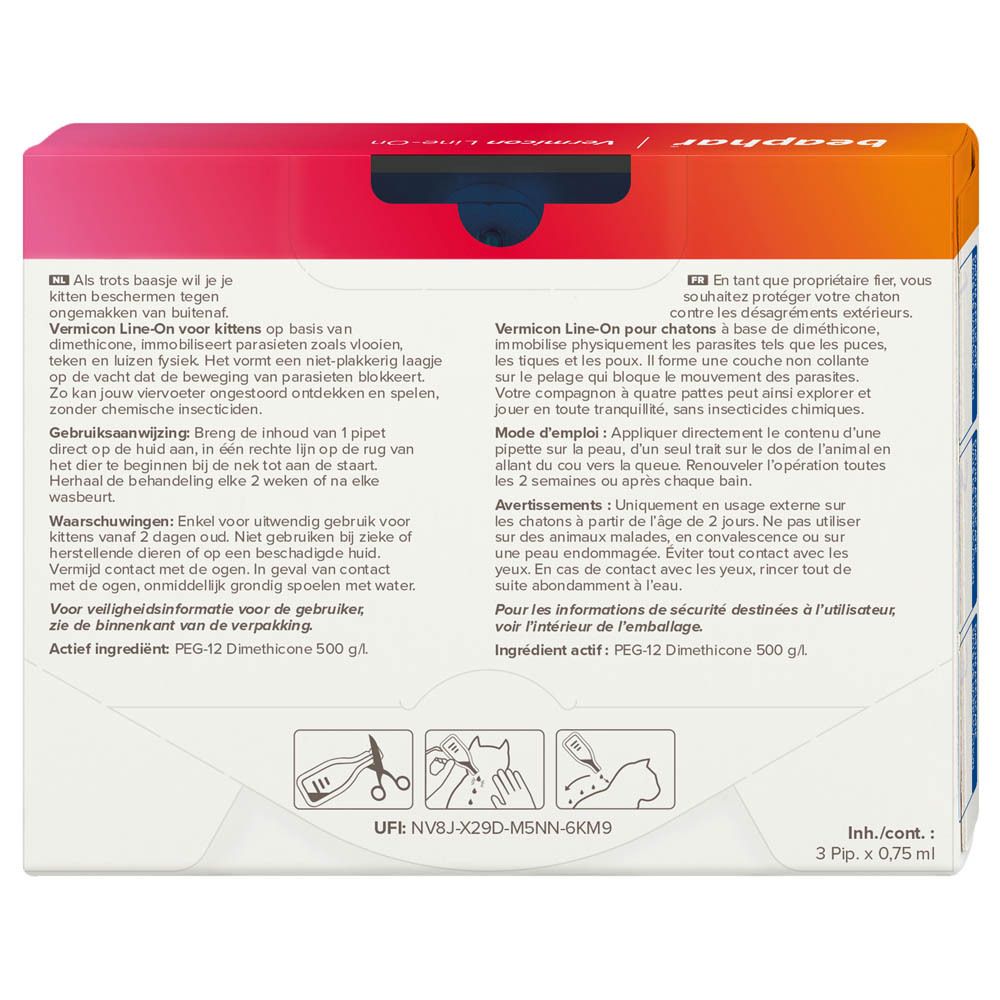 Achterkant verpakking Beaphar Vermicon Line-On. Inhoud: 3 pipetten van 0,75 ml. Gebruiksaanwijzing en ingrediënten.