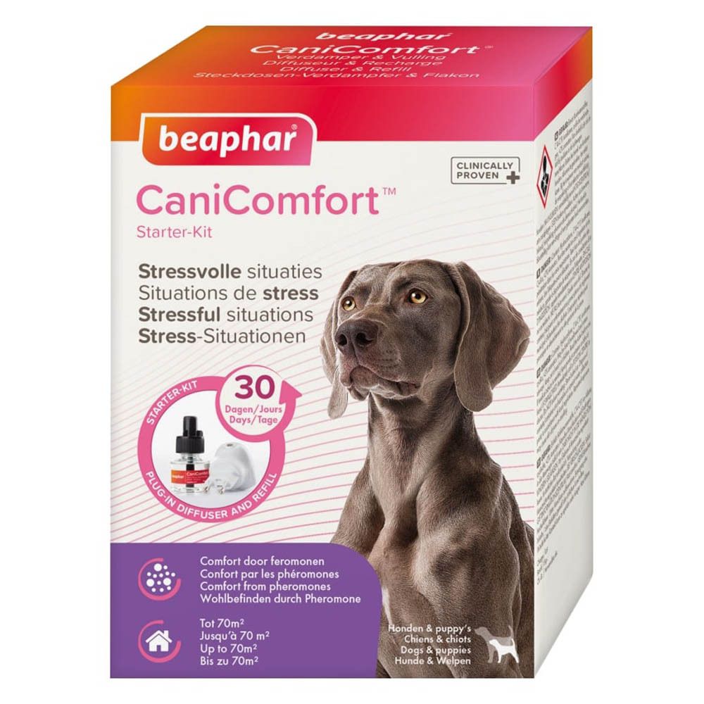 Boîte Beaphar CaniComfort Starter-Kit. Diffuseur et recharge. Pour situations stressantes. Photo de chien.