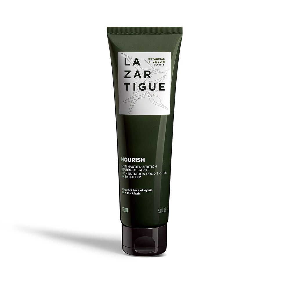 Groene tube met witte tekst: LAZARTIGUE NOURISH. Productnaam en ingrediënten. Zwarte dop.