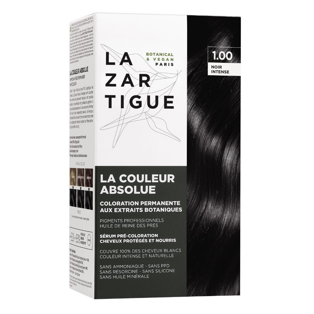 Verpakking van LAZARTIGUE La Couleur Absolue 1.00 Intens Zwart. Toont een doos haarverf.