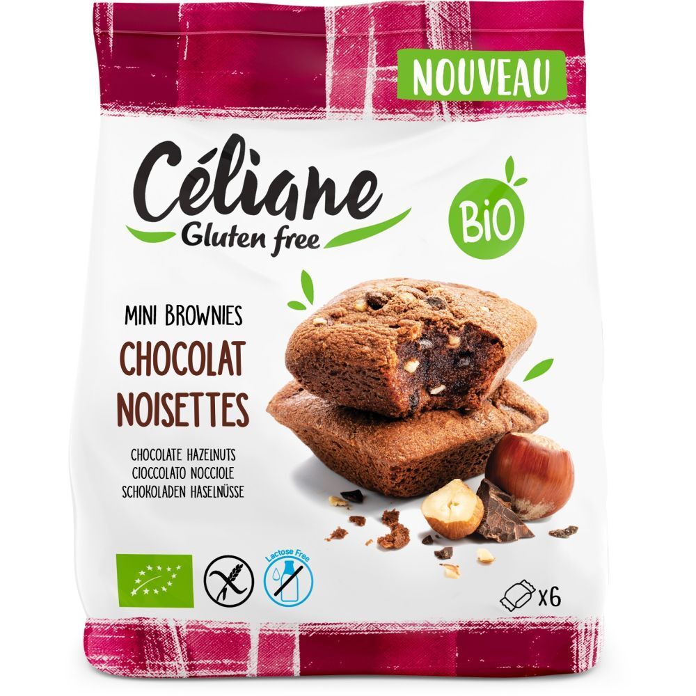 Paquet de mini-brownies. Inscription : Céliane Gluten free, Mini Brownies Chocolat Noisettes Bio. Label Bio, sans gluten, sans lactose.