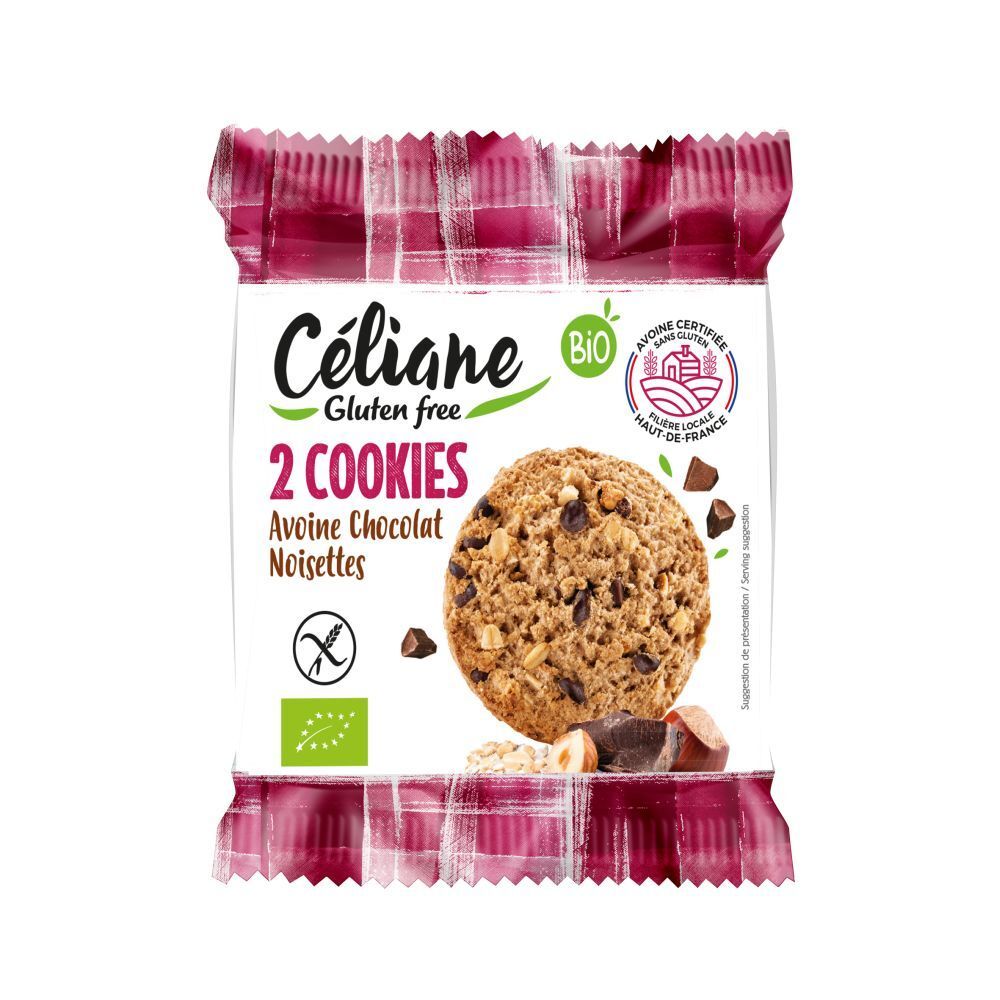 Sachet de 2 cookies Céliane sans gluten, avoine, chocolat, noisettes, bio. Logo de certification bio et label Hauts-de-France.