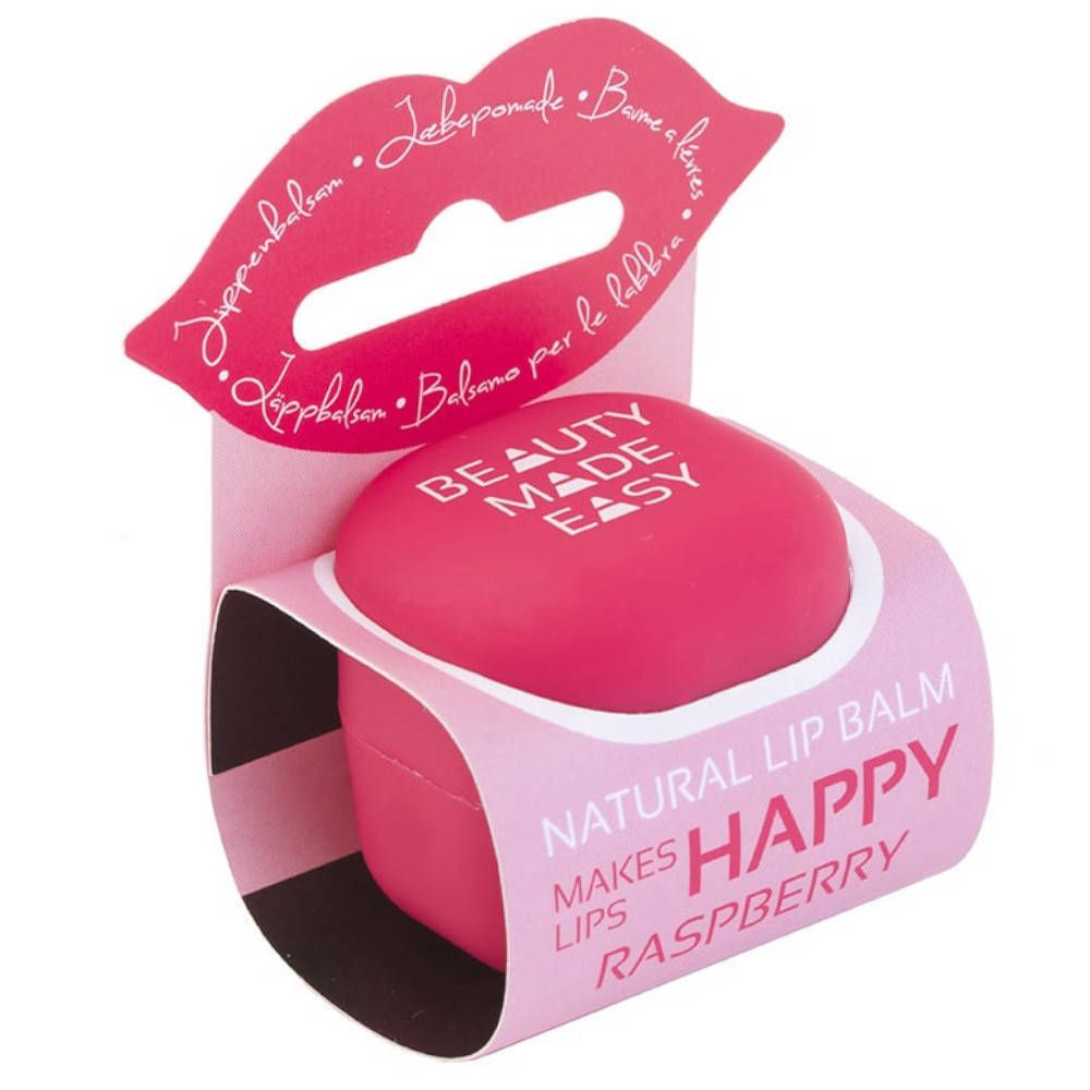 Baume à lèvres rose en emballage avec motif de lèvres. Inscription : BEAUTY MADE EASY, HAPPY, RASPBERRY.