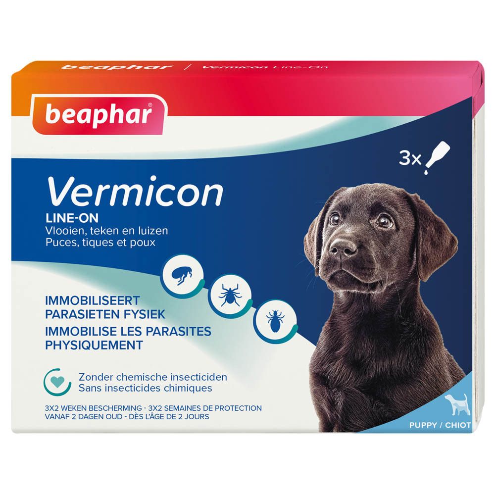 Beaphar Vermicon Line-on. Verpakking met productafbeelding en puppyfoto. Bevat 3 pipetten.