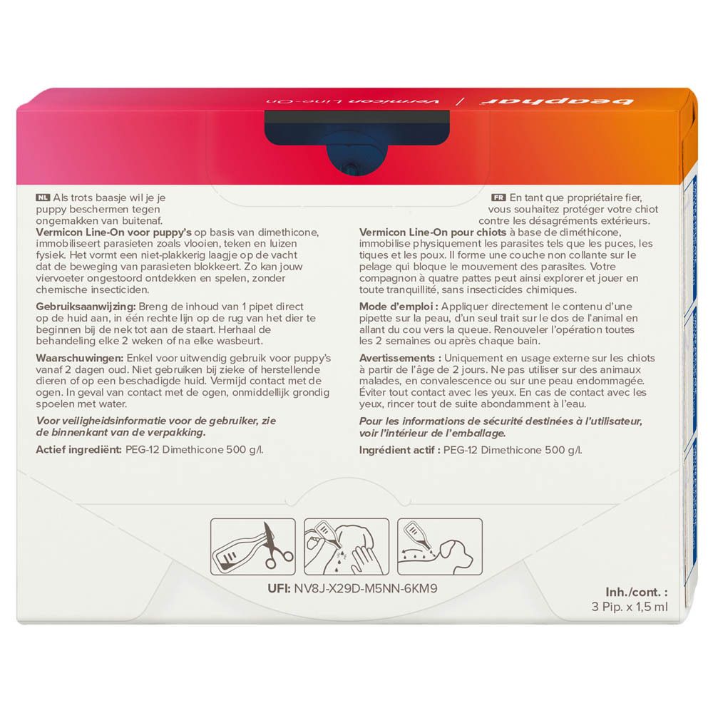 Achterkant van de Beaphar Vermicon Line-on verpakking. Tekstinformatie en ingrediënten. 3 pipetten.