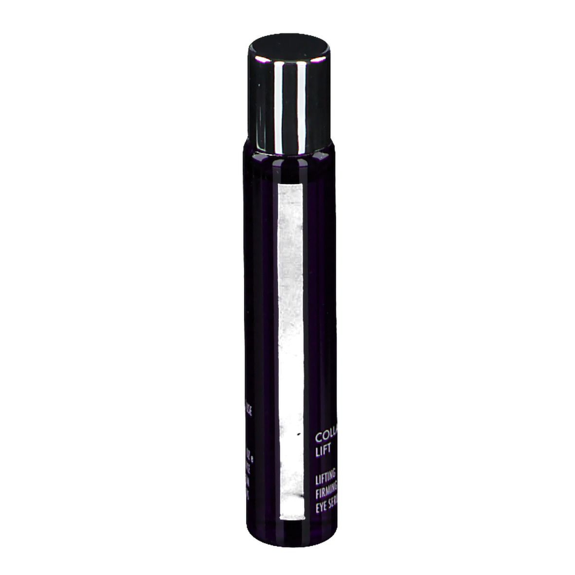 Flacon violet foncé avec logo APOT.CARE et texte. Nom du produit: Collagen Lift Sérum regard. Bouchon argenté.