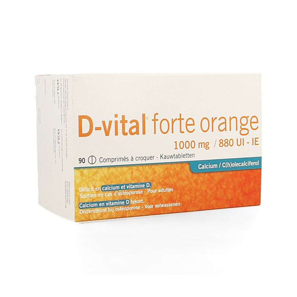 Boîte D-vital forte orange. Contient 90 comprimés à croquer. Informations sur le calcium et la vitamine D. Texte en français.