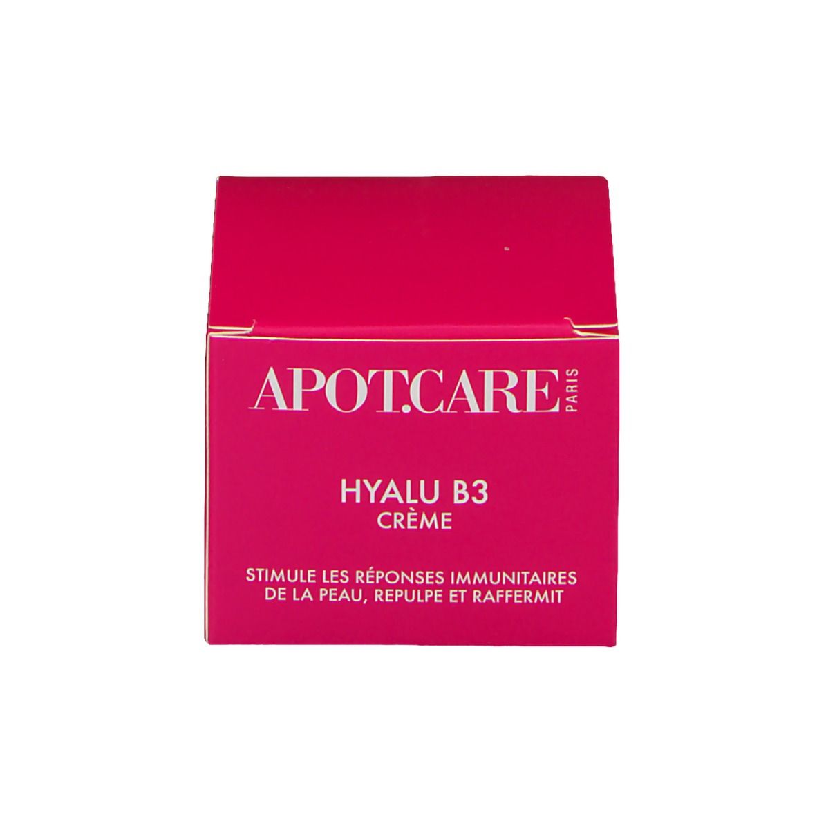 Boîte rose avec inscription: APOT.CARE PARIS, HYALU B3 CRÈME. Texte: Stimule les réponses immunitaires de la peau, repulpe et raffermit.