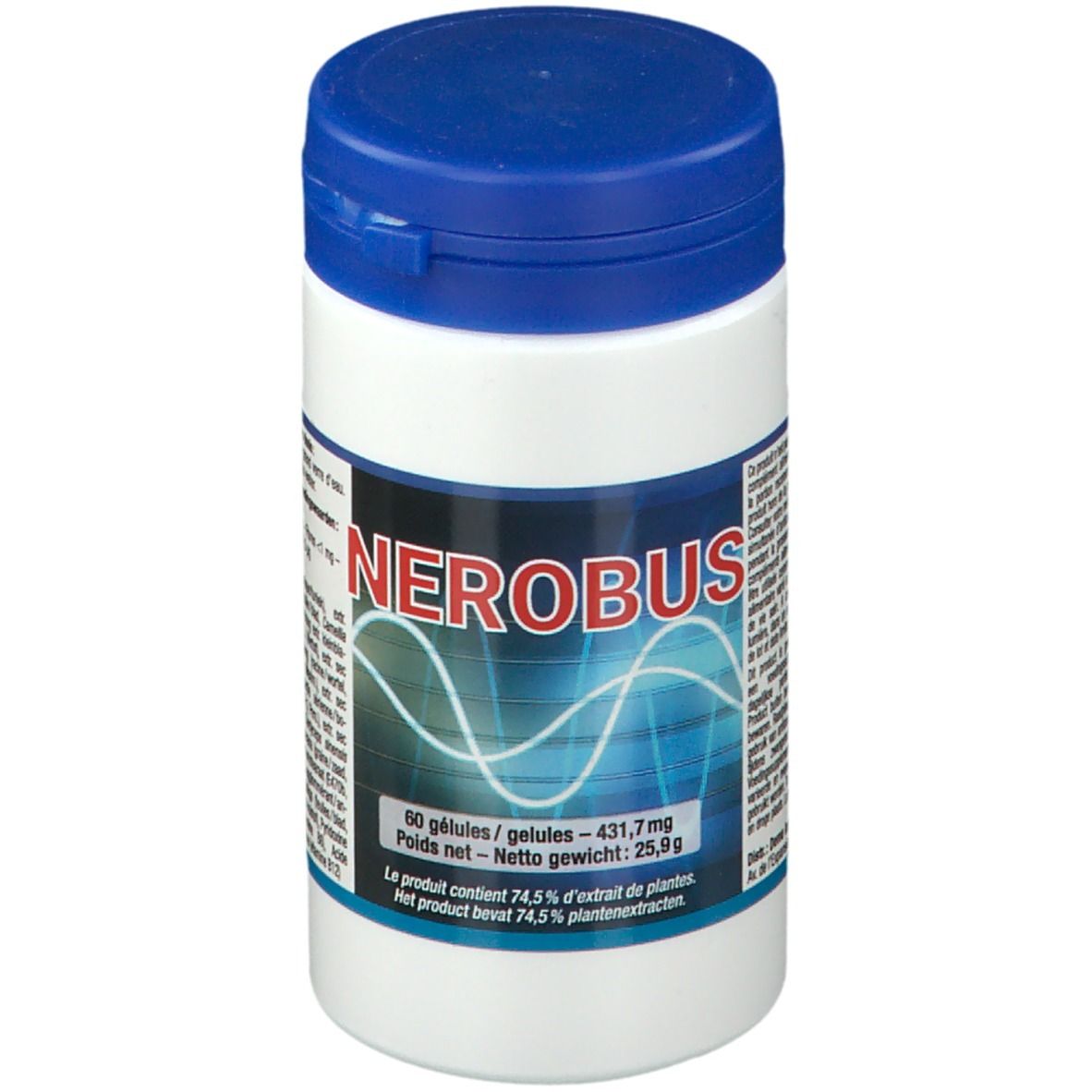 Witte pot met blauwe deksel. Opschrift "NEROBUS" en golfpatroon. Bevat 60 capsules.