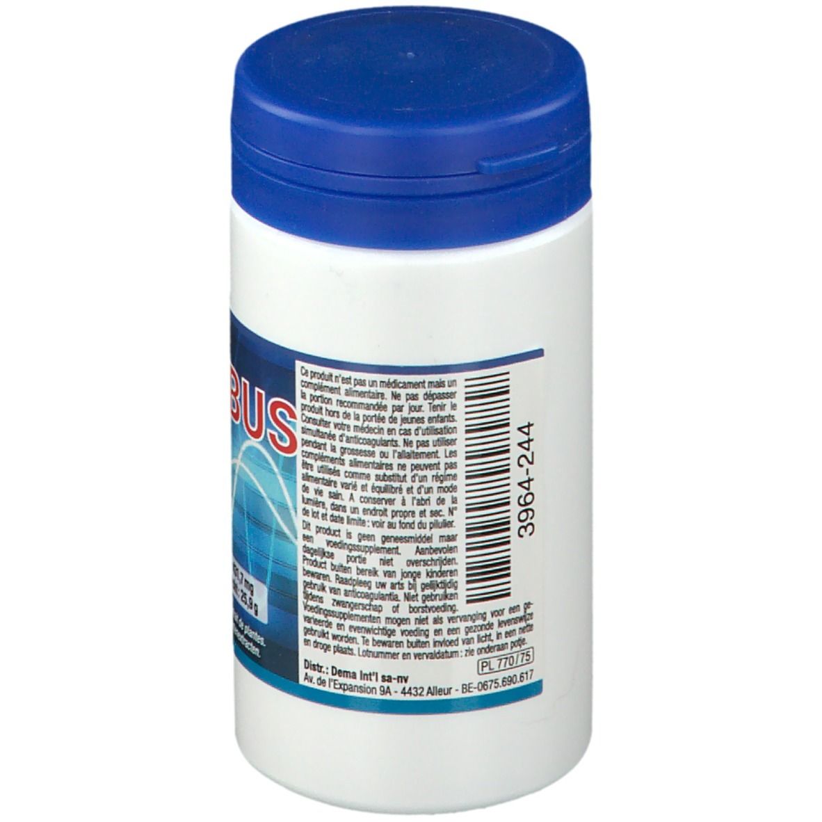 Witte pot met blauwe deksel. Achterkant met tekst en barcode. Productnaam niet zichtbaar.