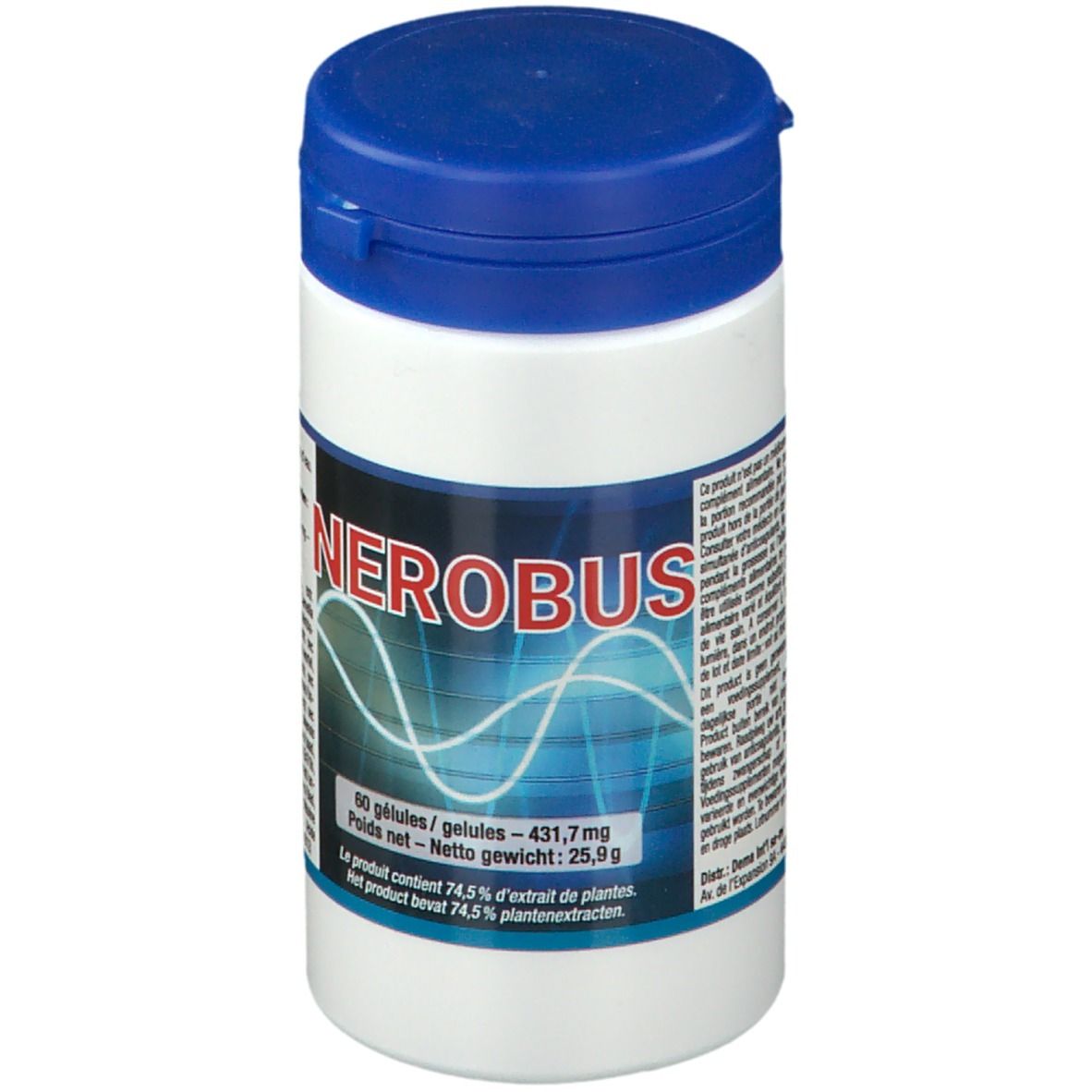 Witte pot met blauwe deksel. Opschrift "NEROBUS" en golfpatroon. Bevat 60 capsules.