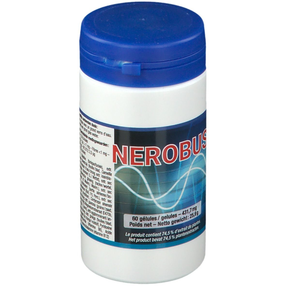 Witte pot met blauwe deksel. Opschrift "NEROBUS" en golfpatroon. Bevat 60 capsules.