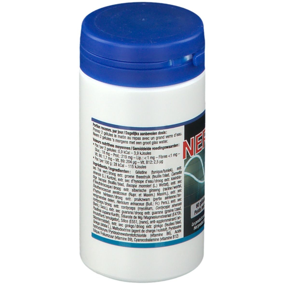 Witte pot met blauwe deksel. Opschrift "NEROBUS" en golfpatroon. Bevat 60 capsules. Achterkant met tekst.