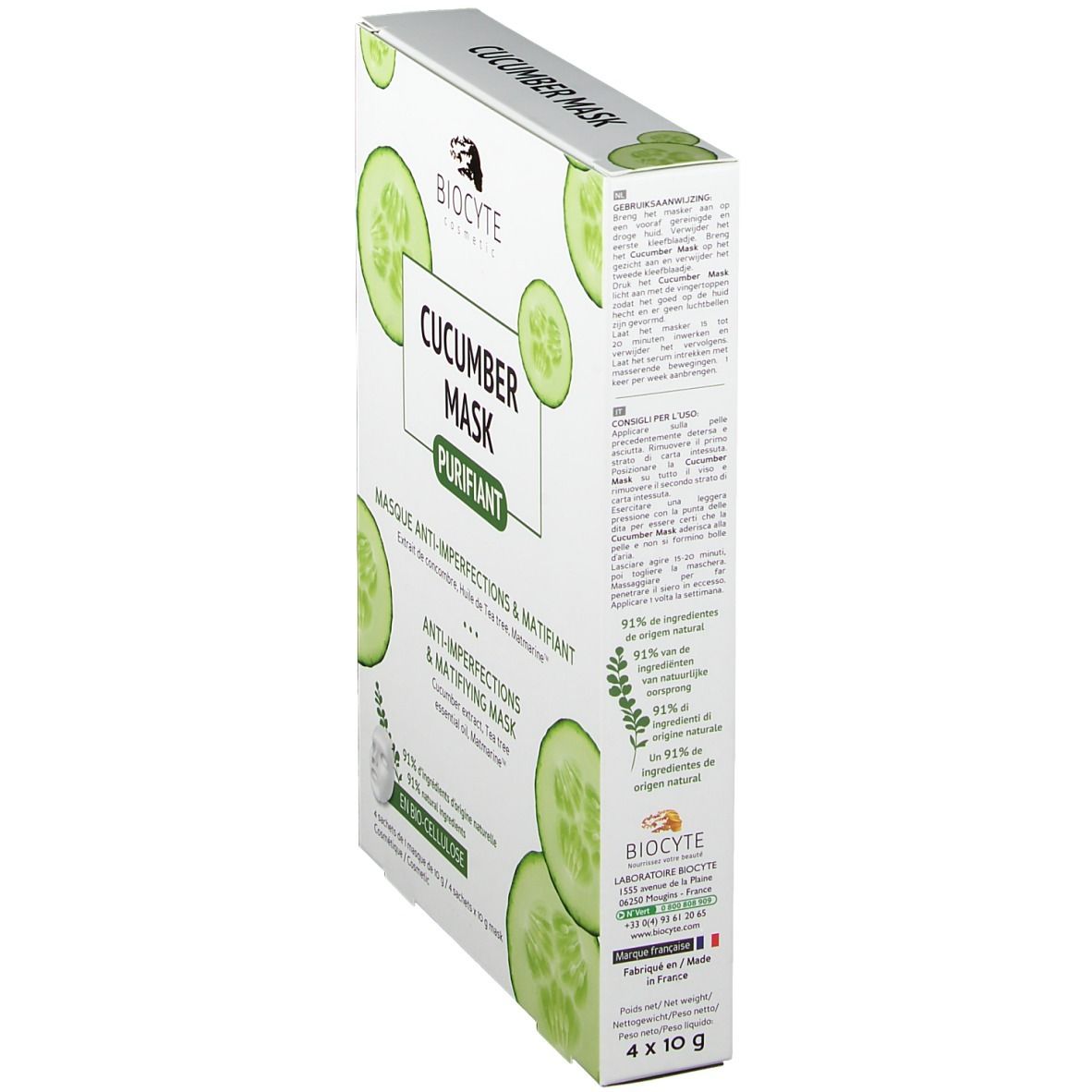 Boîte Biocyte Cucumber Mask® en biais. Nom du produit, tranches de concombre et logo. Texte : Masque anti-imperfections & matifiant. 4 x 10 g.